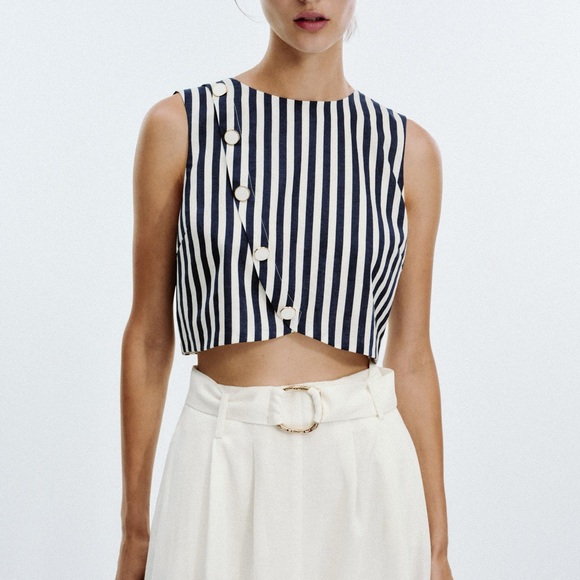 NWT Zara | Belted Linen Dress Waist Cut-out Navy Ivory Nautical coastal vibe - Picture 4 of 16